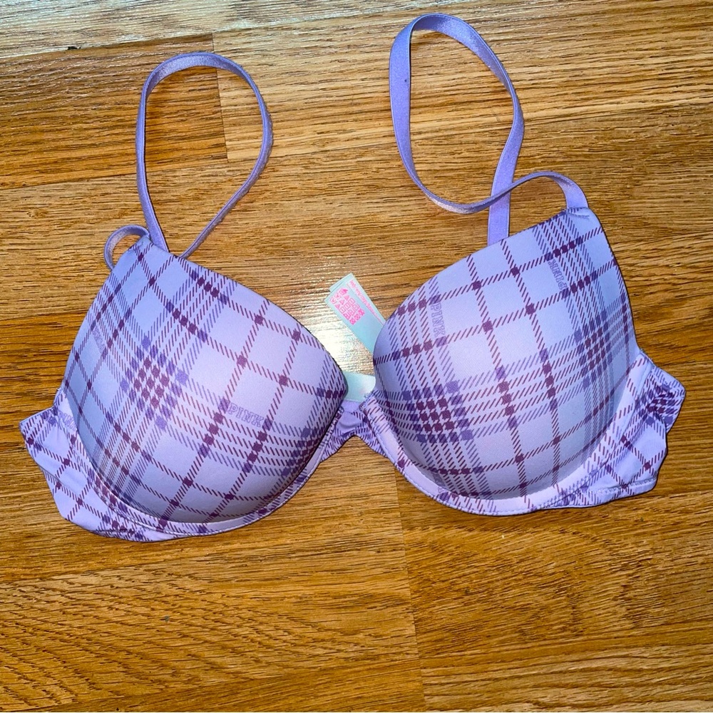 PINK BRA Lavender plaid 34B push-up Victoria Secret